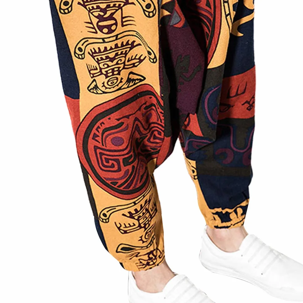 Pantalon sarouel hip-hop ample en lin pour homme - Pantalon de yoga Aladdin bohème - Pantalon bouffant - Entrejambe profond - Imprimé rétro - Pantalon avec poches