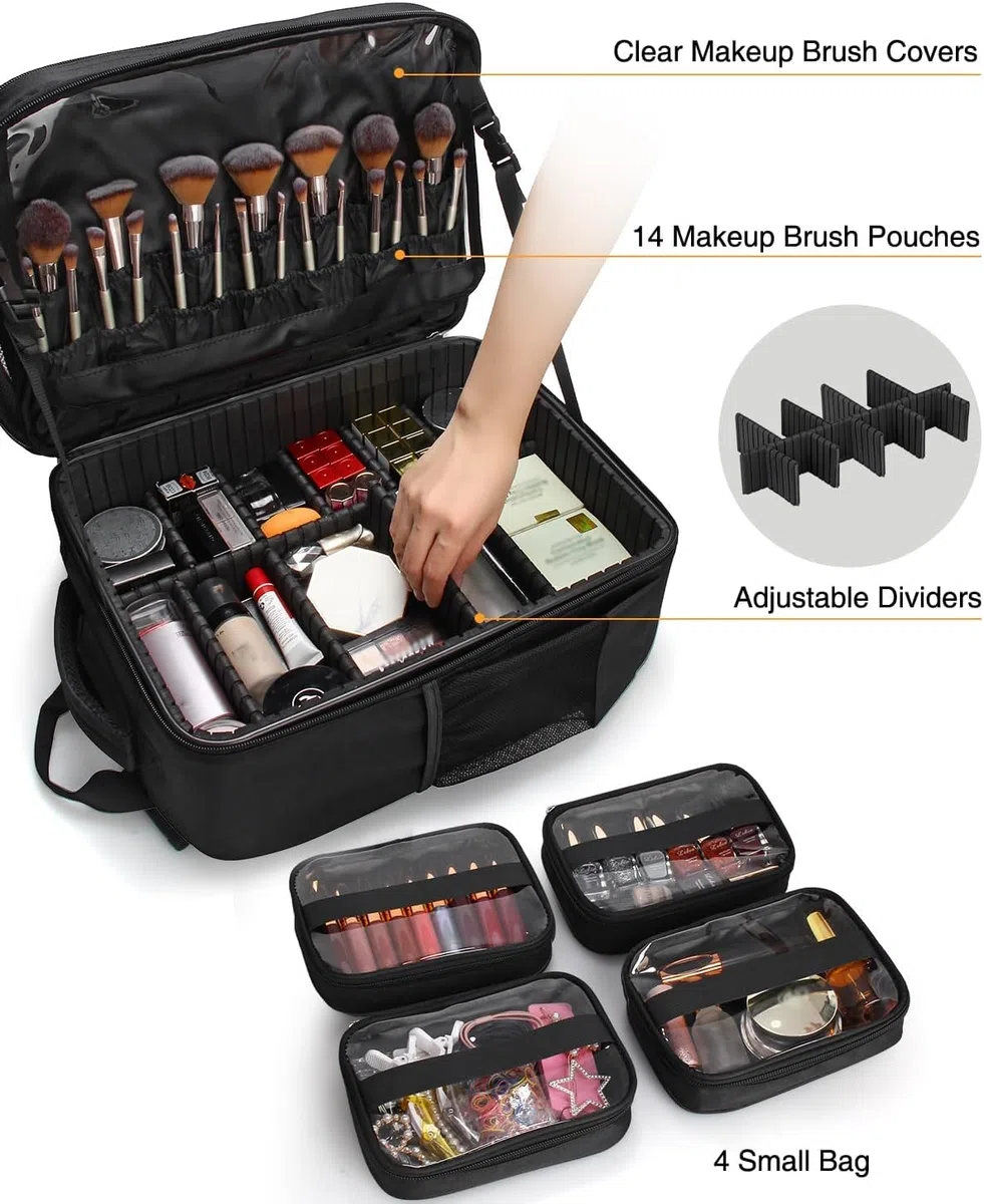 Relavel Sac à dos cosmétique professionnel extra large voyage cosmétique organisateur de rangement double couche grande capacité avec 4 compartiments intérieurs noir