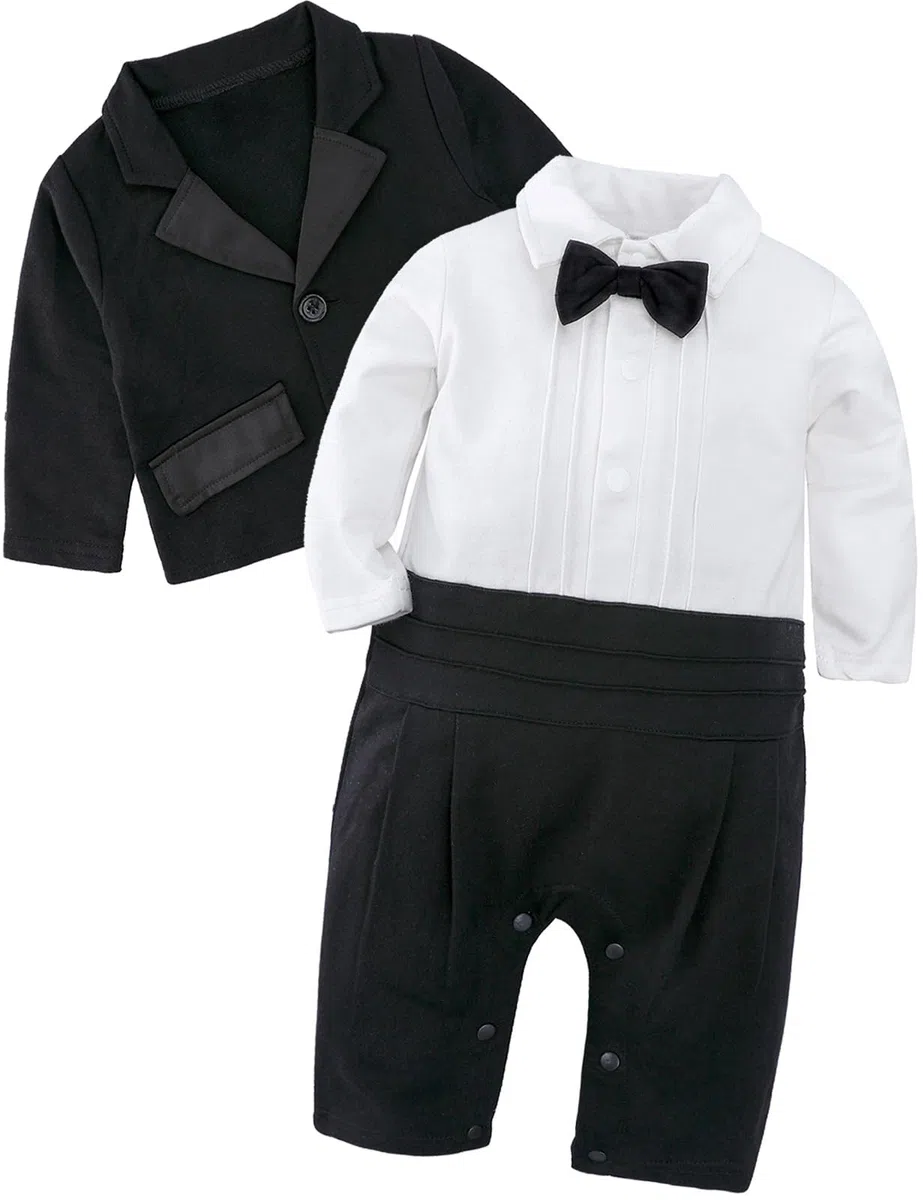 mintgreen Barboteuse pour Bébé Garçon Gentleman, Ensemble de Costume 2 Pièces Tenue de Mariage avec Manteau, 6-24 mois