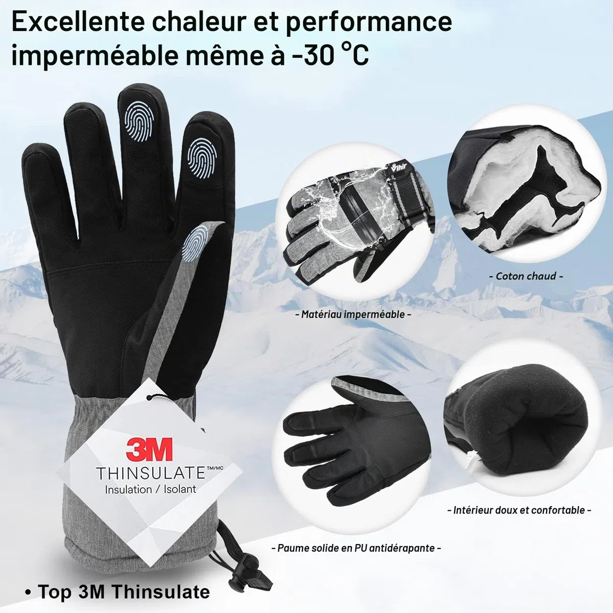 Vihir Gants de Ski d'hiver pour Homme et Femme, Gants Thermiques 3M Imperméables, Gants de Cyclisme Chauds, Vent Respirant Antidérapant Idéal pour Ski Snowboard Course Cyclisme