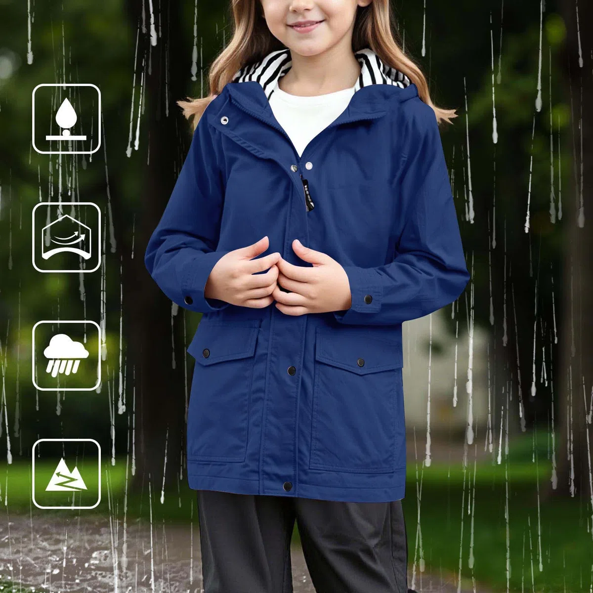Generisch Veste de pluie pour enfant - Imperméable - Avec capuche - Coupe-vent - Respirante - Poncho de pluie avec fermeture éclair - Poche - Veste de mi-saison légère - Pour fille et garçon