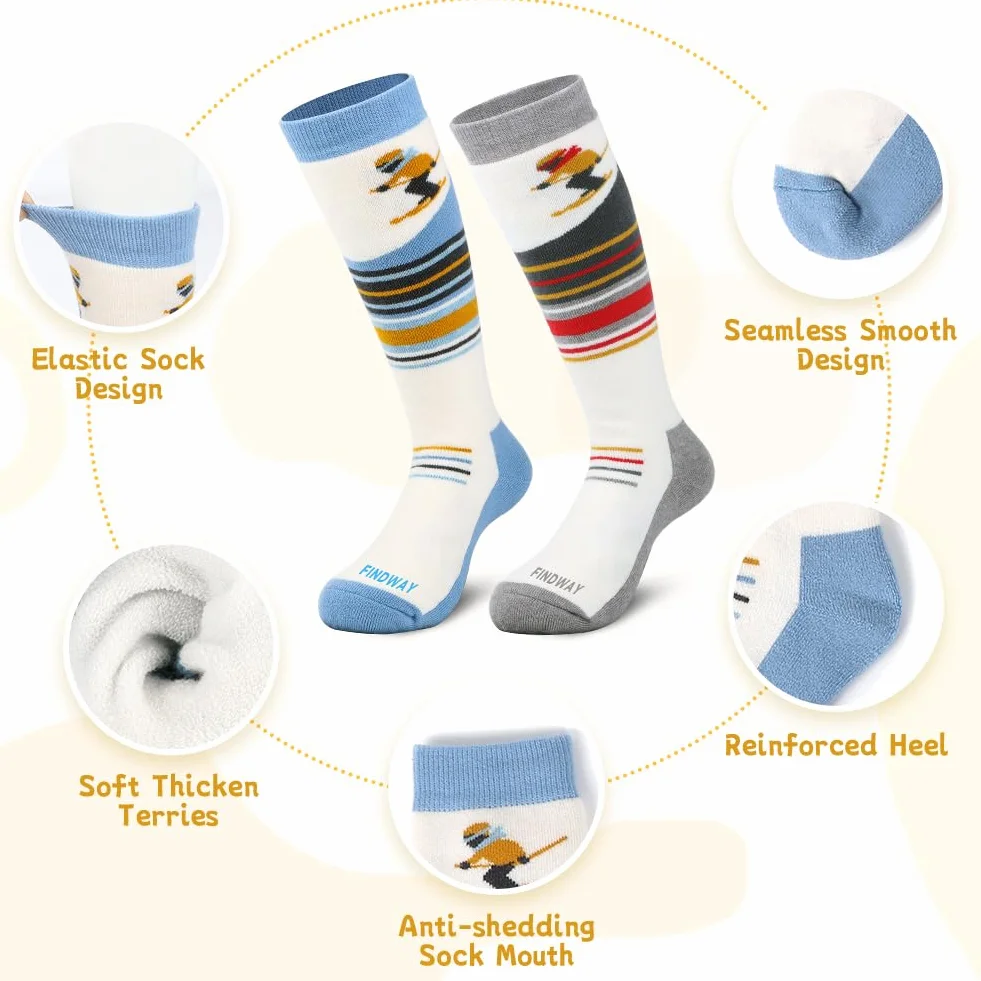 Findway Chaussettes de Ski pour Enfant en Laine Mérinos, Chausettes Thermiques de Ski Enfant Filles et Garçons Souples Respirantes pour Ski Snowboard, 2 paires/3 paires