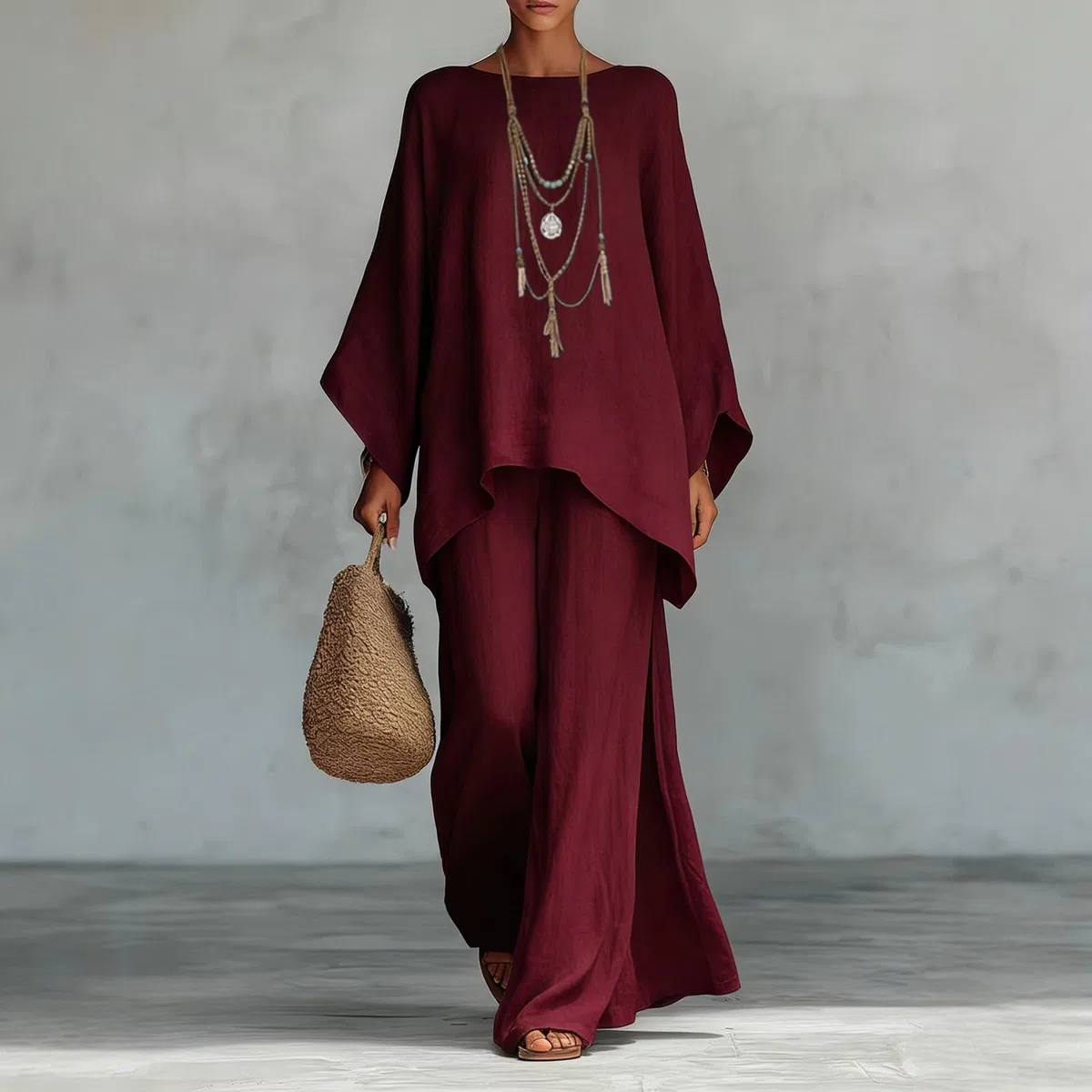 Ensemble Lin Femme 2 Pieces Chic Décontracté Léger Manches Longue Chemise Col V Et Pantalon Fluide Imprimé Bohème Ample Lâche Tenue Grande Taille Décontractée Elegant Bohème Été Loungewear De Maison