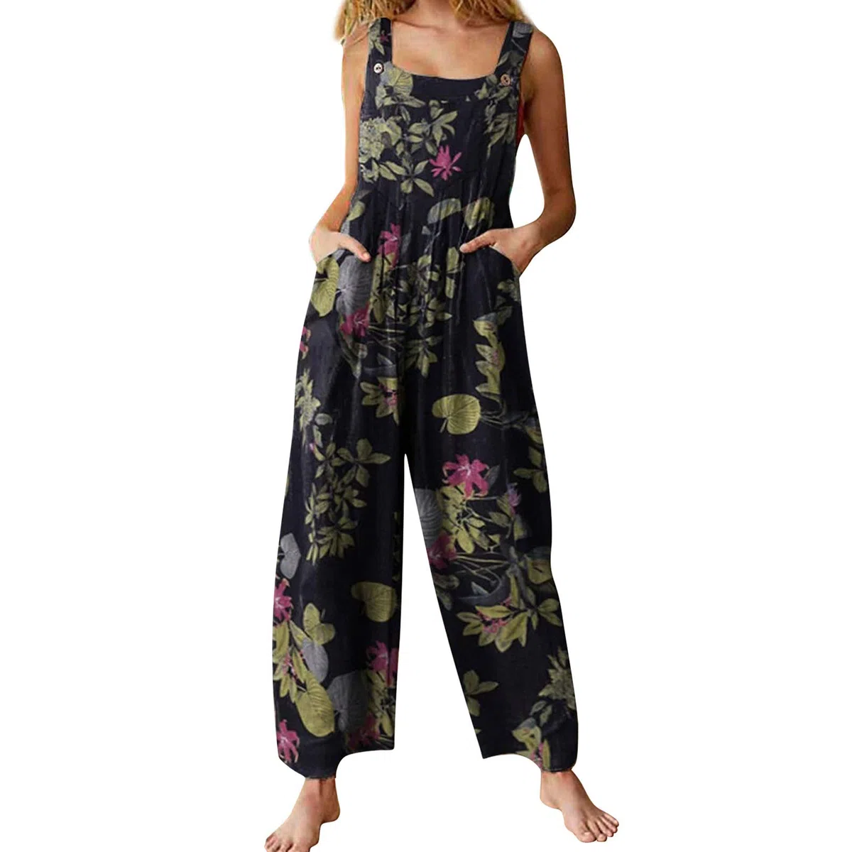 Carolilly Combinaison d'Été sans Manche pour Femme Pantalon Salopette Imprimée avec Poches Jumpsuit Chic et Élégant