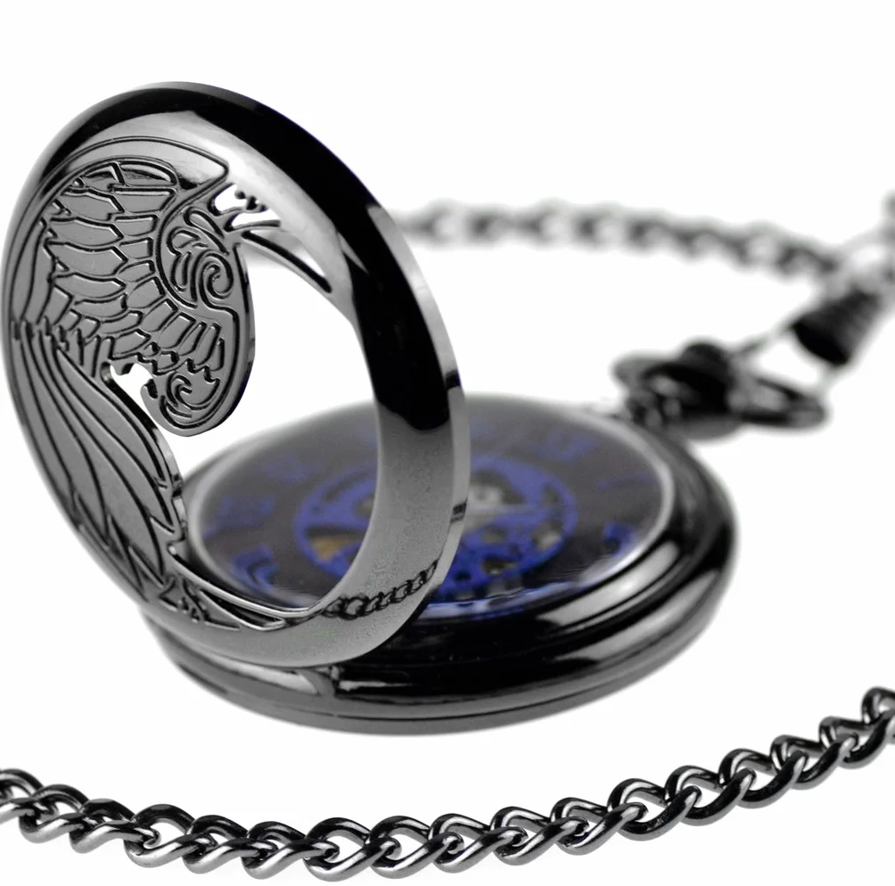 Unendlich U Infinite U Aigle/Ange/Phénix Bleu Chiffre Romains Cadran Mécanique Montre de Poche Squelette en Acier Pendentif Collier Noir