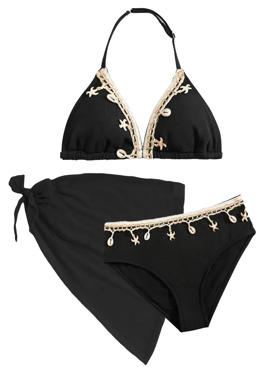 Maeau Bikini Maillot de Bain Coquilles 3 Pièces pour Fille 8-12 Ans, Haut de Bikini+Culotte+Jupe, Ensemble de Natation, Plage, Piscine