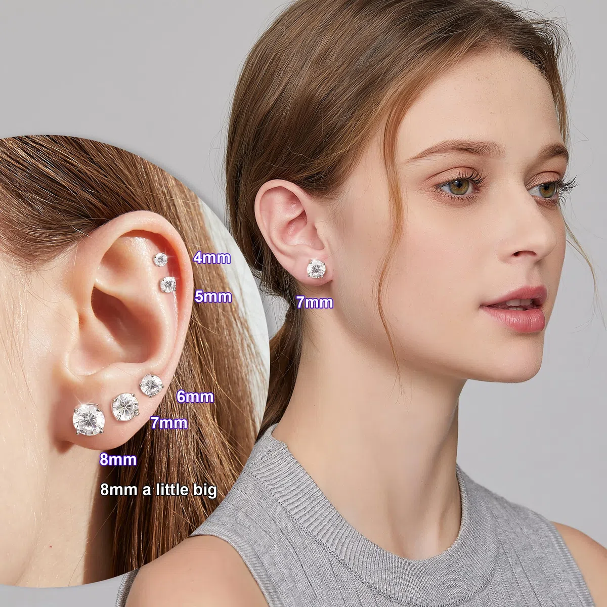 Boucles d'Oreilles en Or Blanc 18 Carats pour Femme et Homme Swarovski Boucles d'Oreilles en Argent Sterling 5A Zircon Cubique Boucle d'Oreille 3mm - 8mm