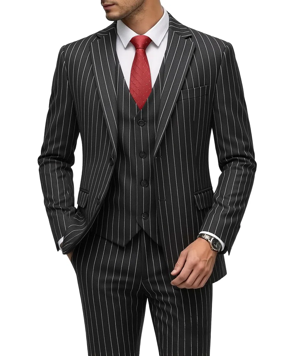 MOGU Costume 3 pièces pour homme à rayures fines Coupe ajustée Double aérations Veste de smoking Gilet et pantalon
