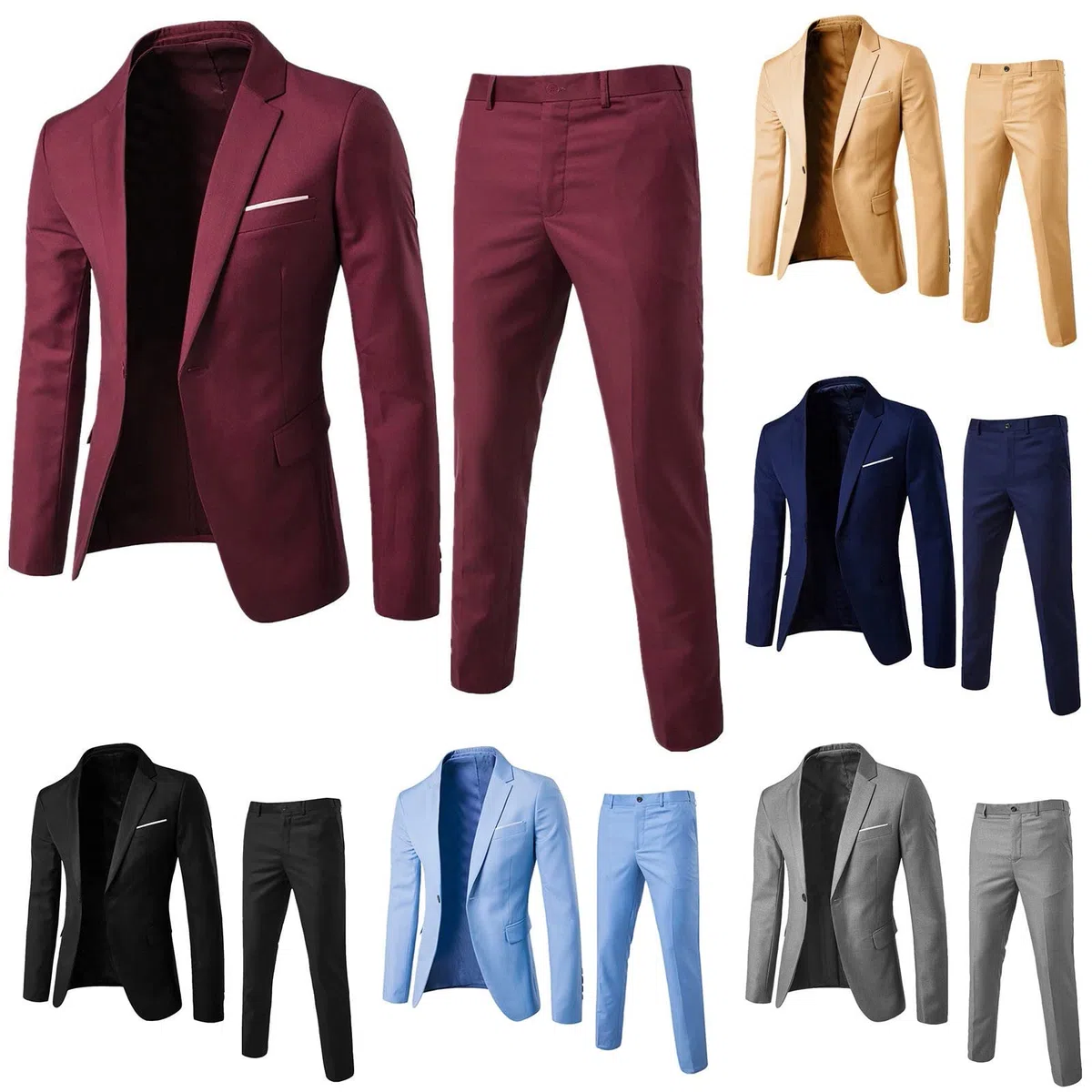 Costume pour homme 2 pièces - Coupe ajustée - Costume de mariage - Pantalon 2 pièces - Couleur unie - Costume de mariage élégant - Costume d'affaires de smoking