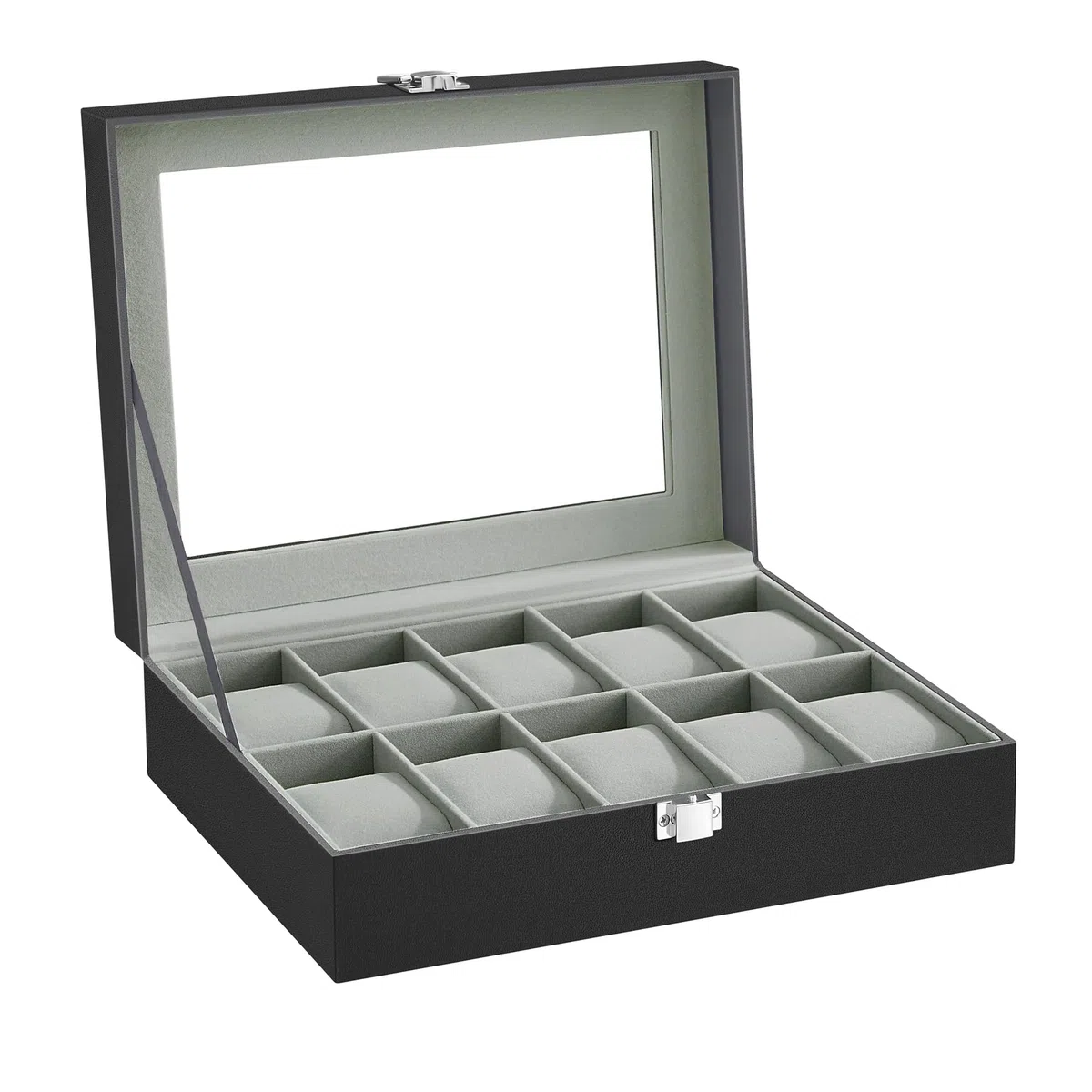 SONGMICS Boîte à Montres à 10 Emplacements, Coffret à Montres, Écrin, Couvercle en Verre, Coussinets Amovibles, Serrure en Métal, Revêtement en Noir et Doublure en Gris Verdâtre JWB010BK