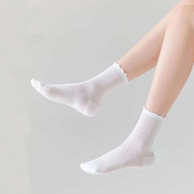 Lot de 6 paires de chaussettes à volants en maille et coton pour femme - Ultra fines - Blanc