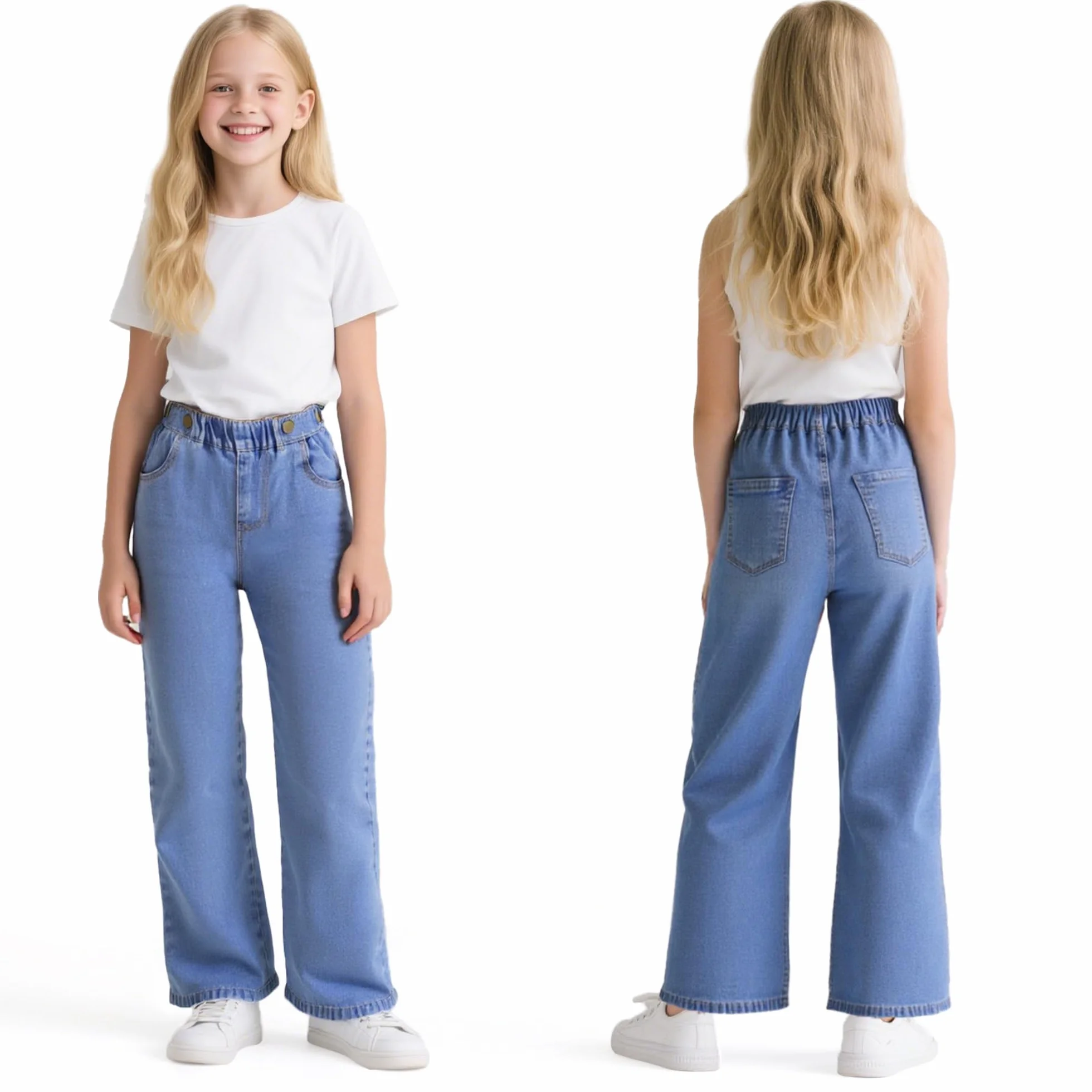 Jeans Filles Enfants Baggy Pantalon Jambes Larges avec Taille Élastique Loose Fit Long Denim Jeans avec Poches Décontracté Denims Mode Casual Polyvalent Ado Pant pour 6-14 Ans