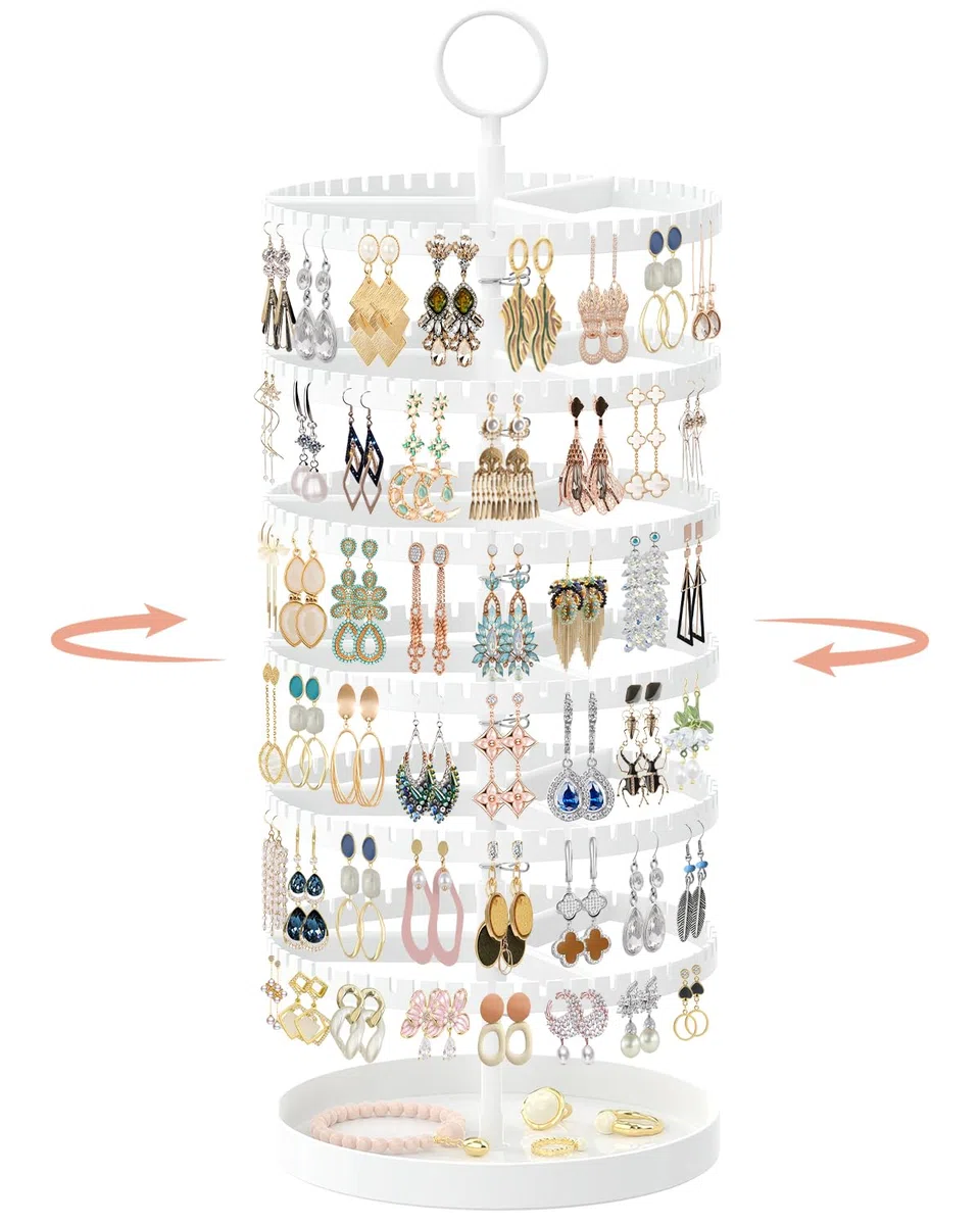 iDavosic.ly Présentoir à boucles d'oreilles à 6 étages avec plateau en métal - En plastique réglable - Avec 342 rainures - Pivotant - Arbre pour filles et femmes - Blanc