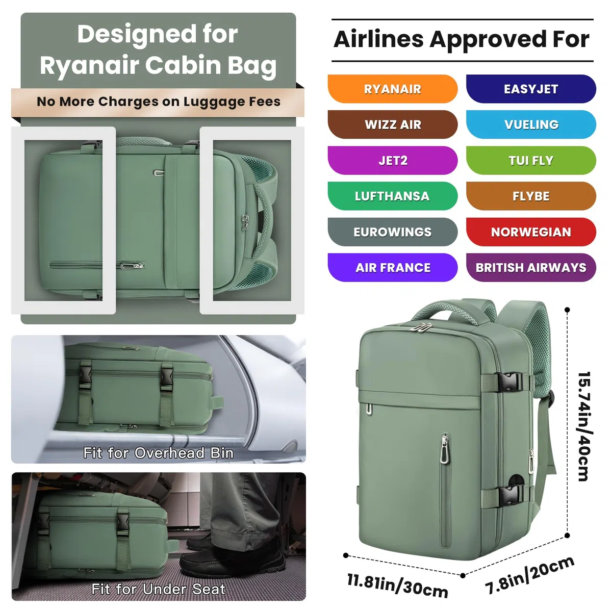 OTAHGK Bagage Cabine 40 x 30 x 20 pour Ryanair, Sac à Dos de Voyage Bagage à Main Avion Sac à Main sous Le Siège Valise Décontracté École Bureau Sac Ordinateur Portable -Vert