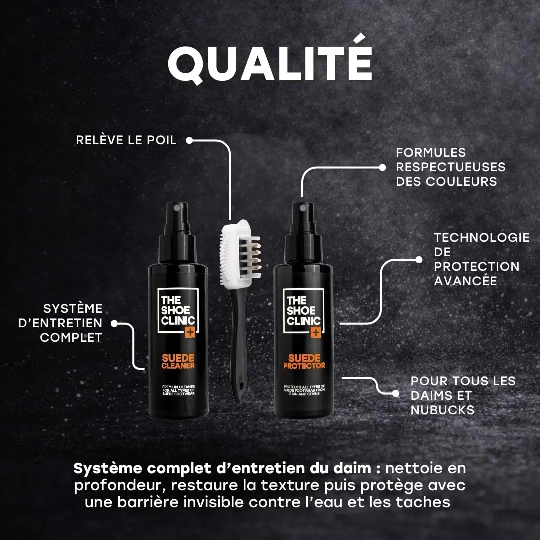 Kit Nettoyage et Entretien Chaussures en Daim & Nubuck Shoe Clinic | Nettoyant Daim Chaussure + Imperméabilisant + Brosse | Nettoie, Protège & Imperméabilise Chaussures, Baskets & Bottes