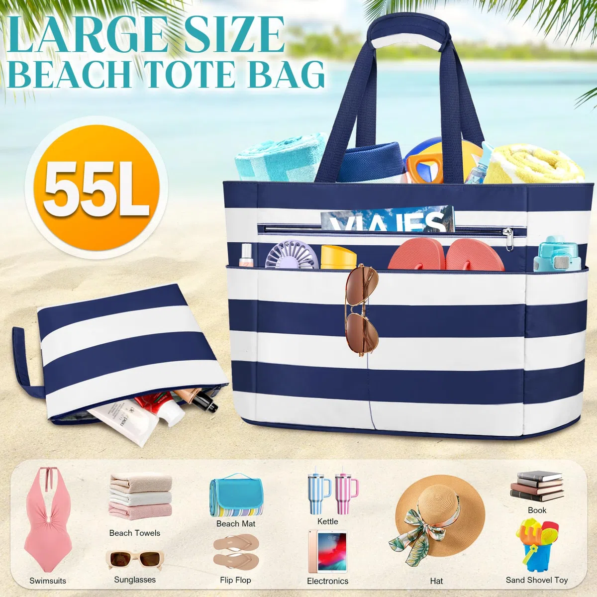 Sac de Plage Femme Imperméable, Grand Sacs Plage XXL avec Fermeture Éclair, Ete Sac de Voyage, Anti Sable Sacs de Piscine, Sac Cabas Tote Bag pour Travail Voyages Shopping 55L