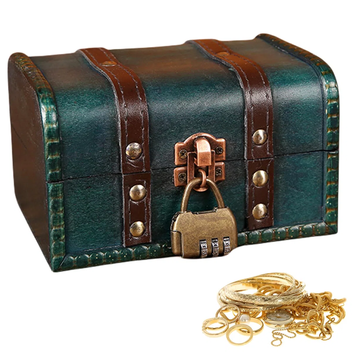 Nizirioo Coffre au trésor vintage en bois avec serrure à combinaison : coffre au trésor vintage, petit coffre au trésor pirate, boîte à bijoux avec couvercle, coffre au trésor, pour anniversaire