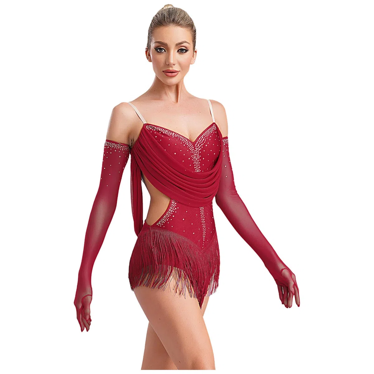 IEFIEL Brillante Body Franges Avec Gants Strass Femme Leotard Danse Latin Tango Rumba Spectacle Danseuse Justaucorps Gymnastique Rythmique