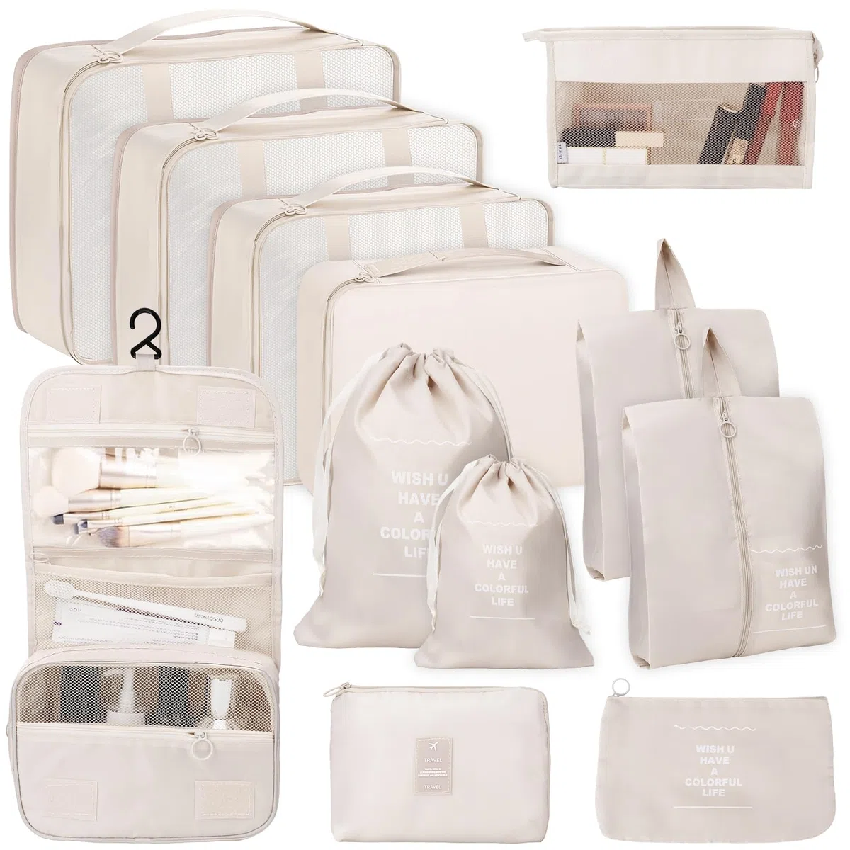 Sac Rangement Valise 12 Pièces – Organisateur Valise Imperméables avec Sacs à Vêtements,Sacs à Chaussures,Trousse de Toilette,etc.| Beige | Gain de Place pour Vacances et Voyages d’Affaires