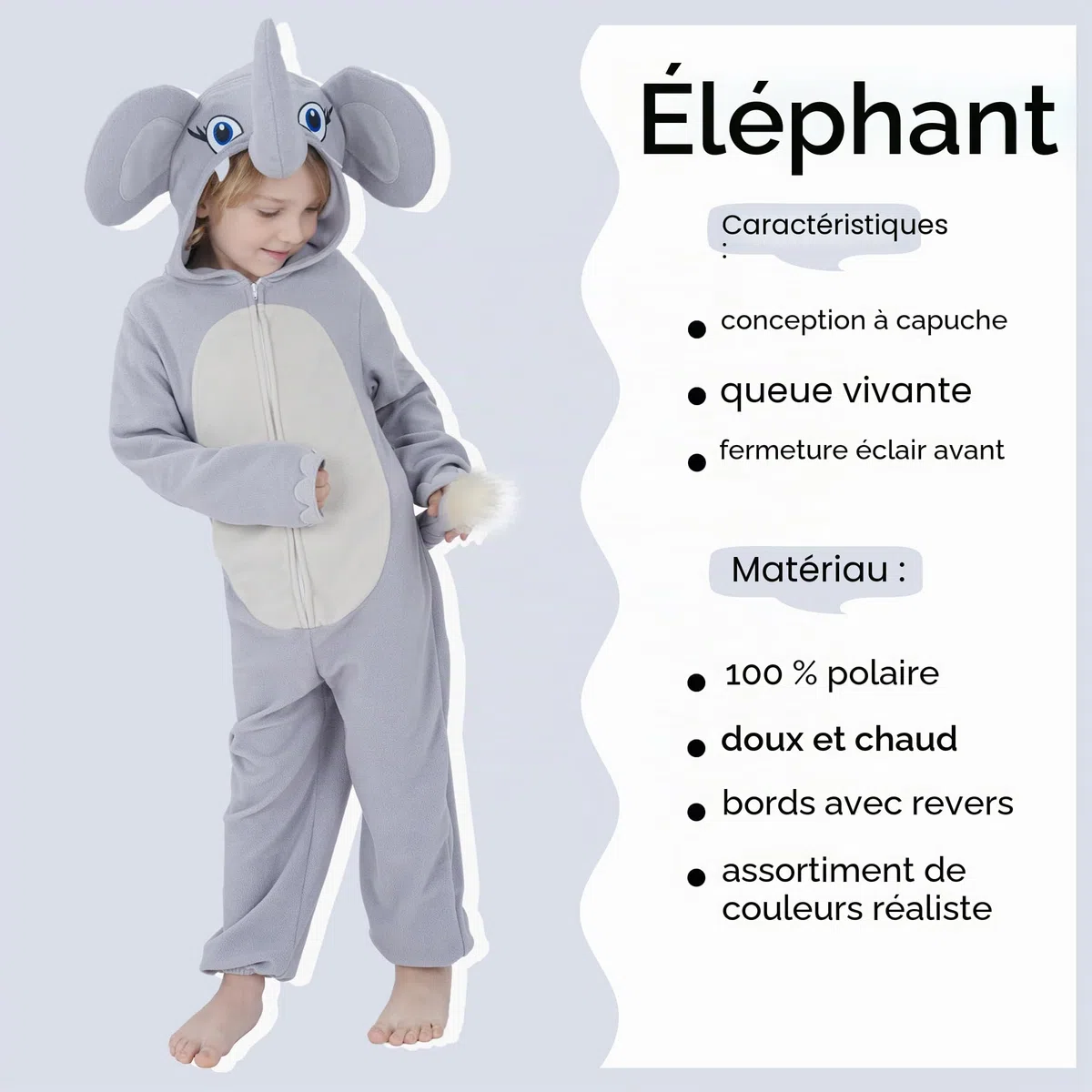 Sincere Party Costume de cache-couche éléphant mignon en toison, combinaison d'éléphant à capuche vive pour garçons et filles L(8-10)