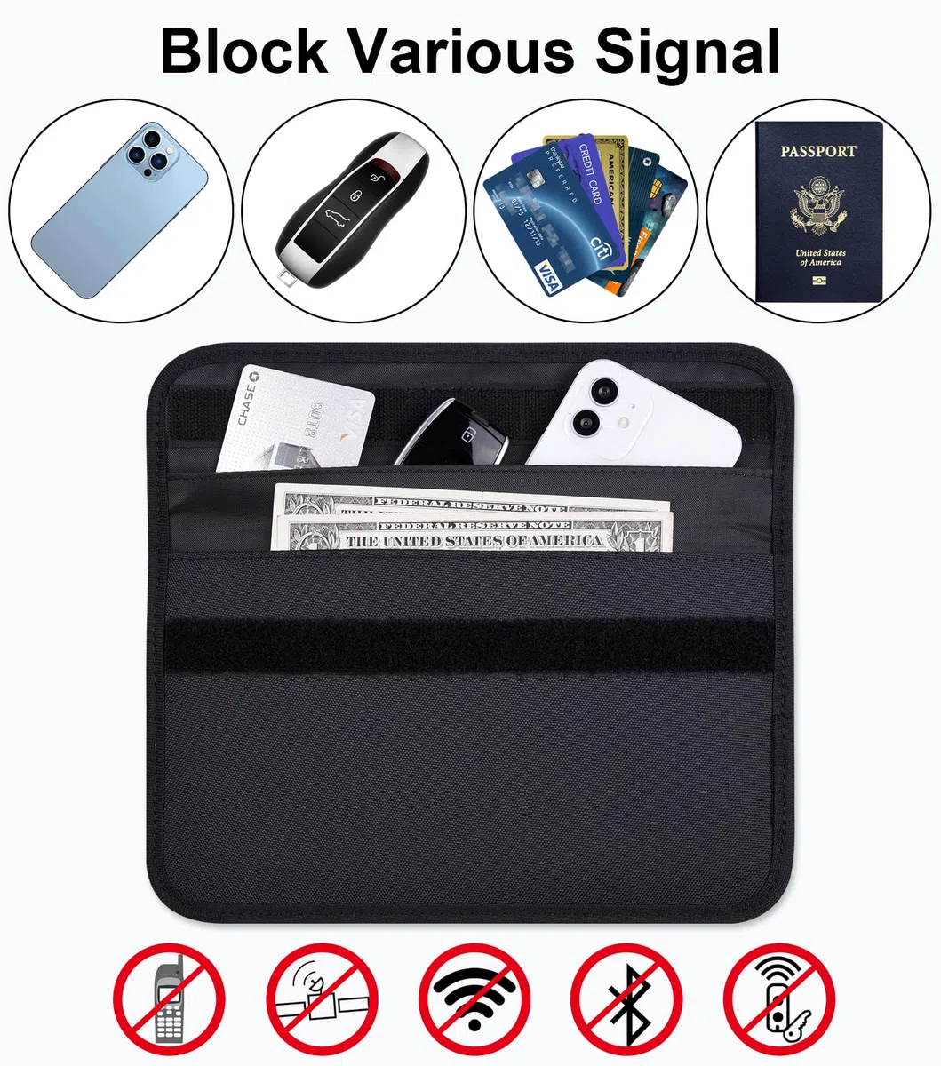 Wisdompro Faraday Sac de blocage de signal RFID, pochette de protection pour téléphone portable et clé de voiture, protection de la vie privée, anti-suivi, anti-espionnage – noir, format L