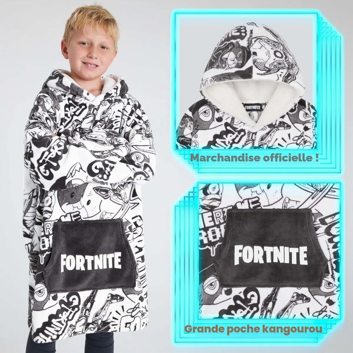 Fortnite Pull Plaid Chaud à Capuche Oversize Garçon et Ado 14+ Poncho Polaire Pull Couverture Portable Extra Longue Cadeau Gamer