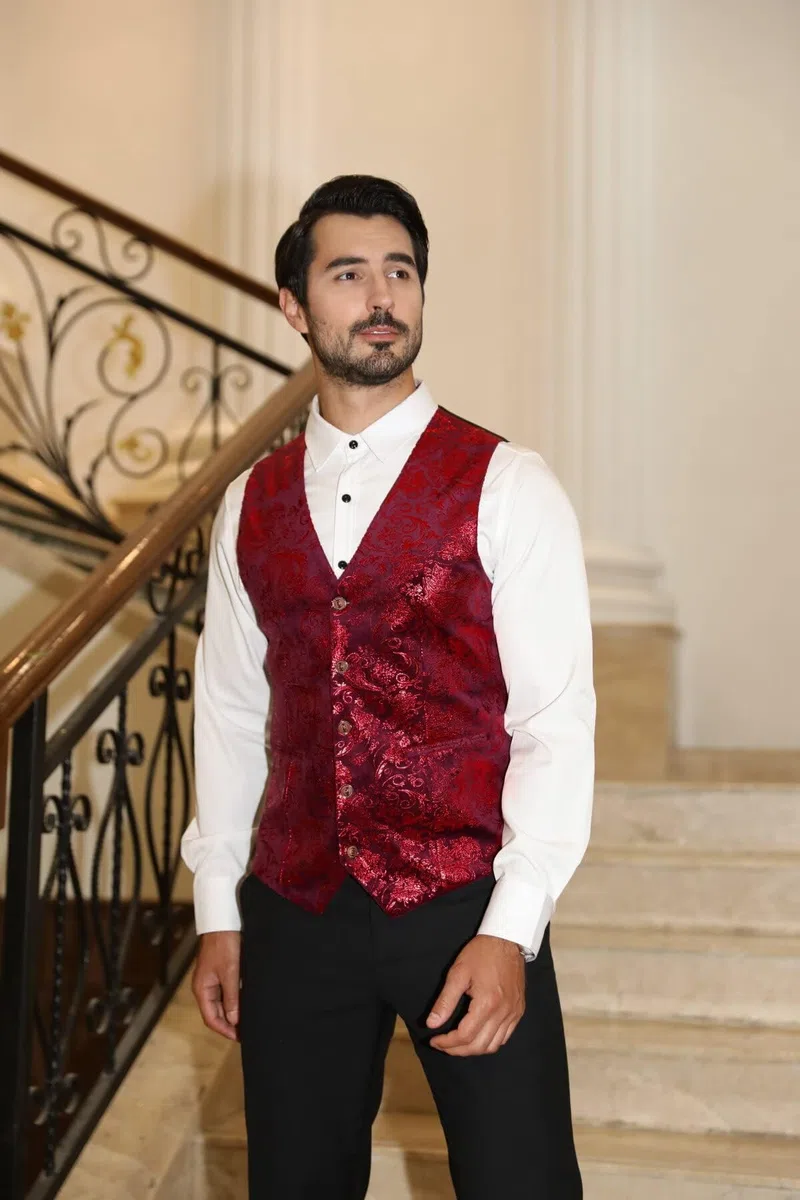Allthemen Gilet Homme Classique Paisley Floral Jacquard Gilet Mariage Luxe Soirée Slim Fit Gilet de Costume pour Homme