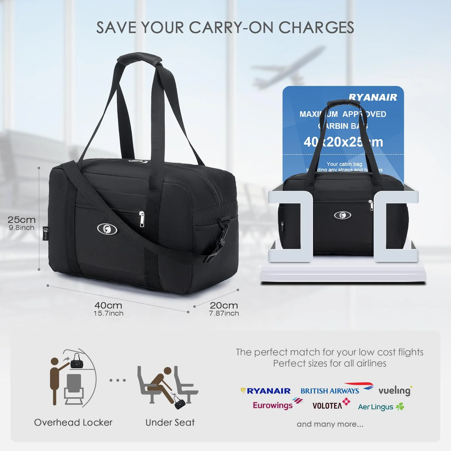 SPAHER Sac 40x20x25 Ryanair Bagage Cabine Sac de Voyage Pliable Valise Cabine Sac de Bagage Sac de Cabine Avion Valise de Cabine Sac Cabine pour Valise Bagage Portable Organisateur de Sac 20L