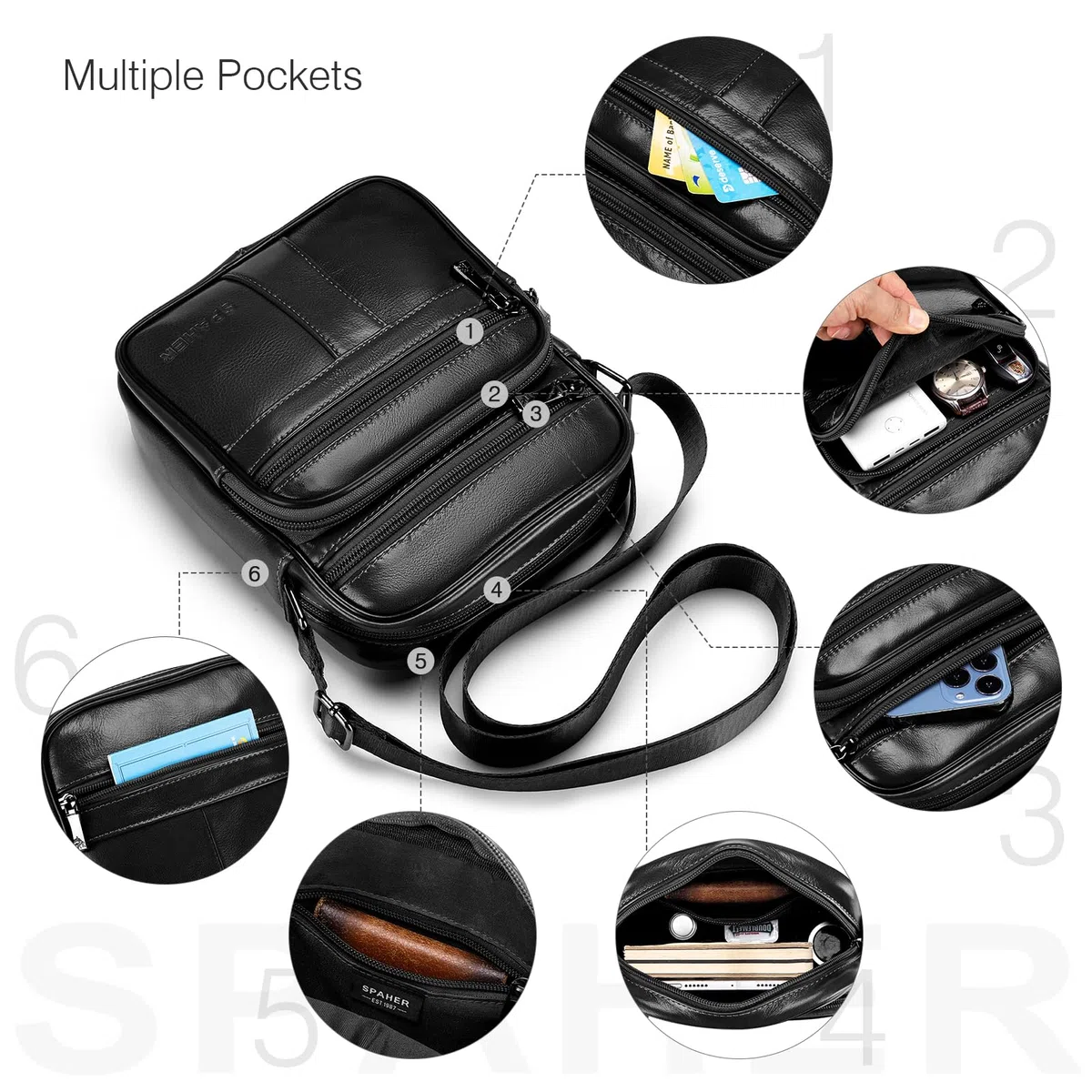 SPAHER Sacoche Homme Bandouliere Cuir Veritable Petit Sac Bandoulière Homme Sac Porté Epaule Sacs Business Vintage Sacs à Dos Porté Travers Pochettes Multifonctionnel Sacs à Main Voyage
