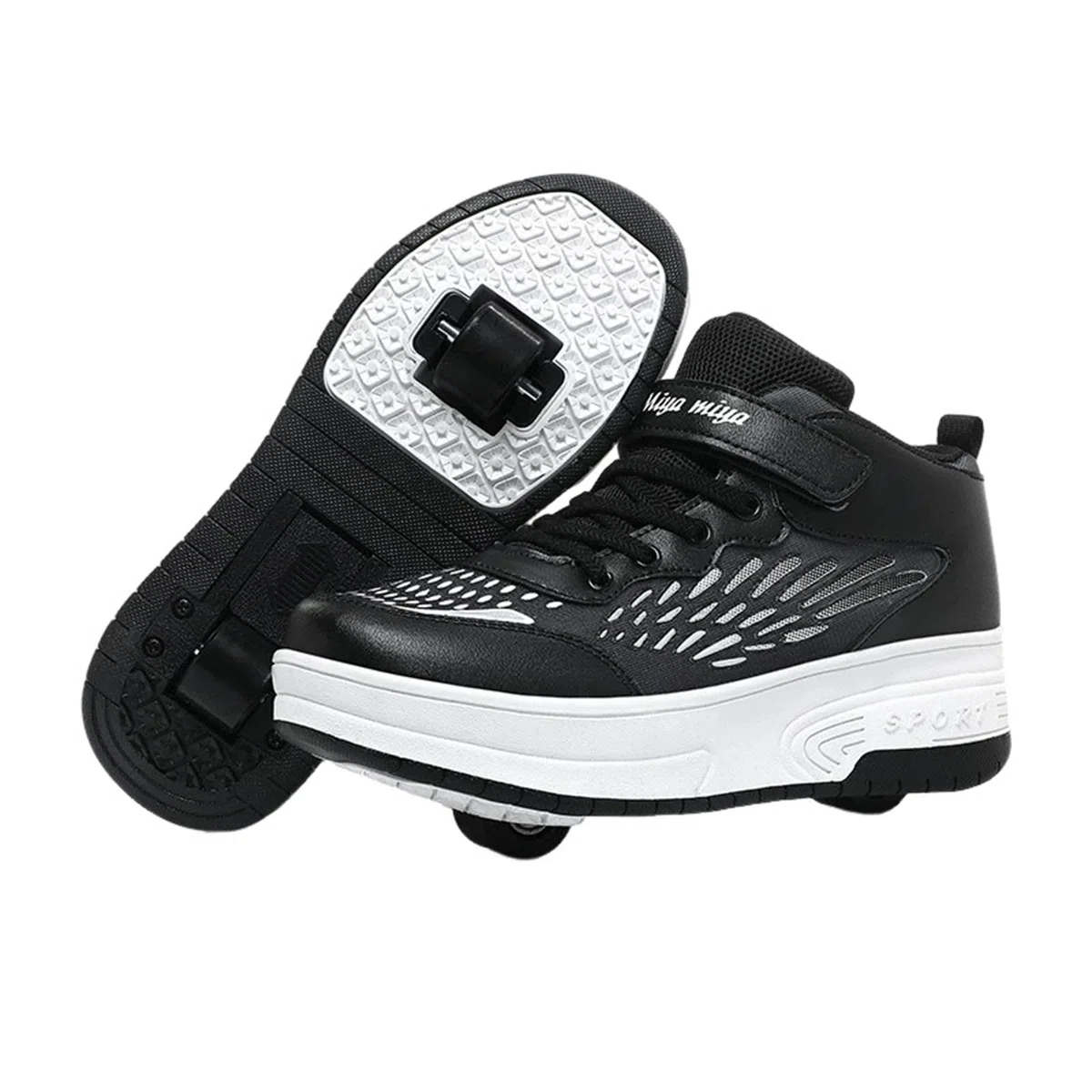 Surwin Chaussures roulettes Enfant, Chaussures de Skateboard Mi-Montante Fille Garçon avec Roues Arrière Rétractables, Boucle en Nylon Basket à roulettes Sneakers Roller Respirant