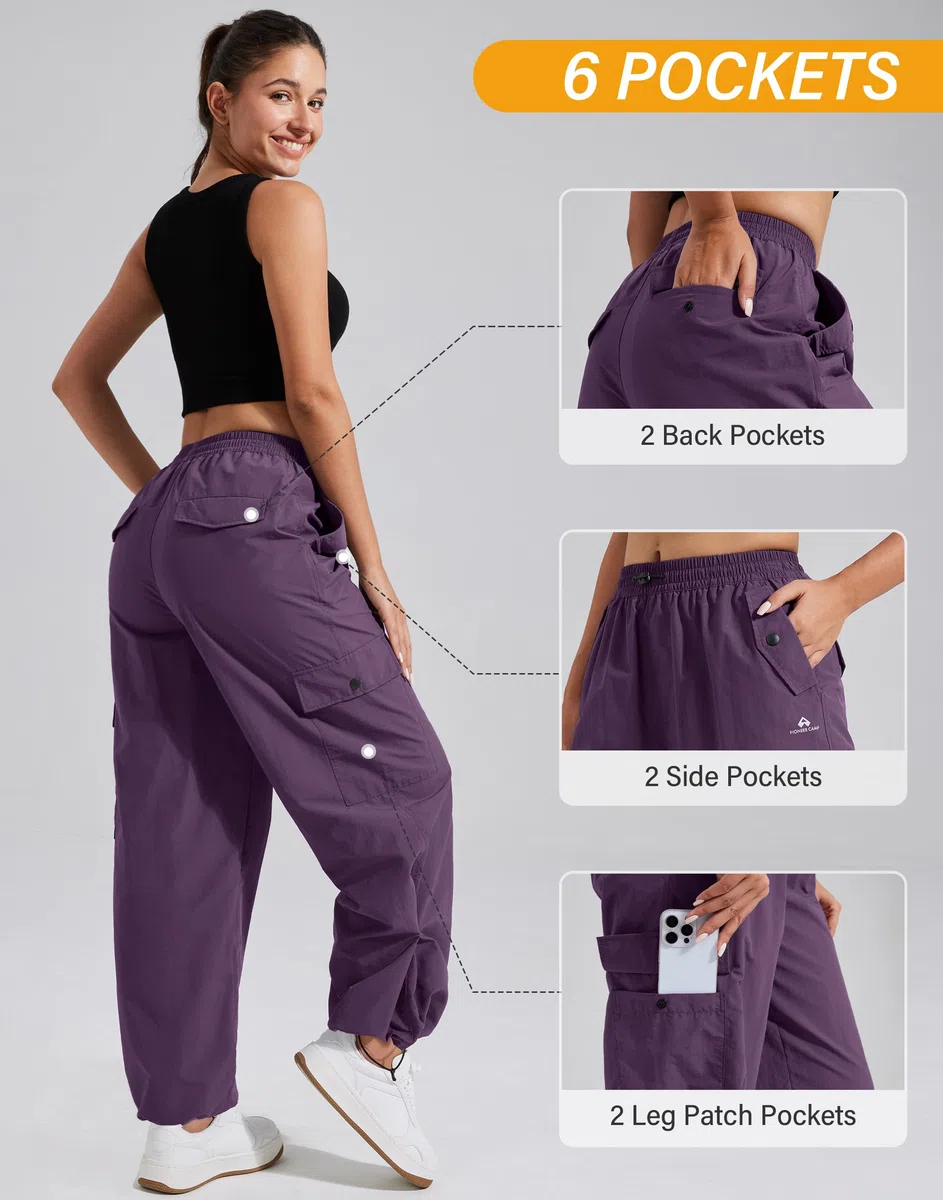 Pioneer Camp Pantalon cargo de parachute pour femme avec poches, taille haute, pantalon de randonnée à séchage rapide, léger, jambe large