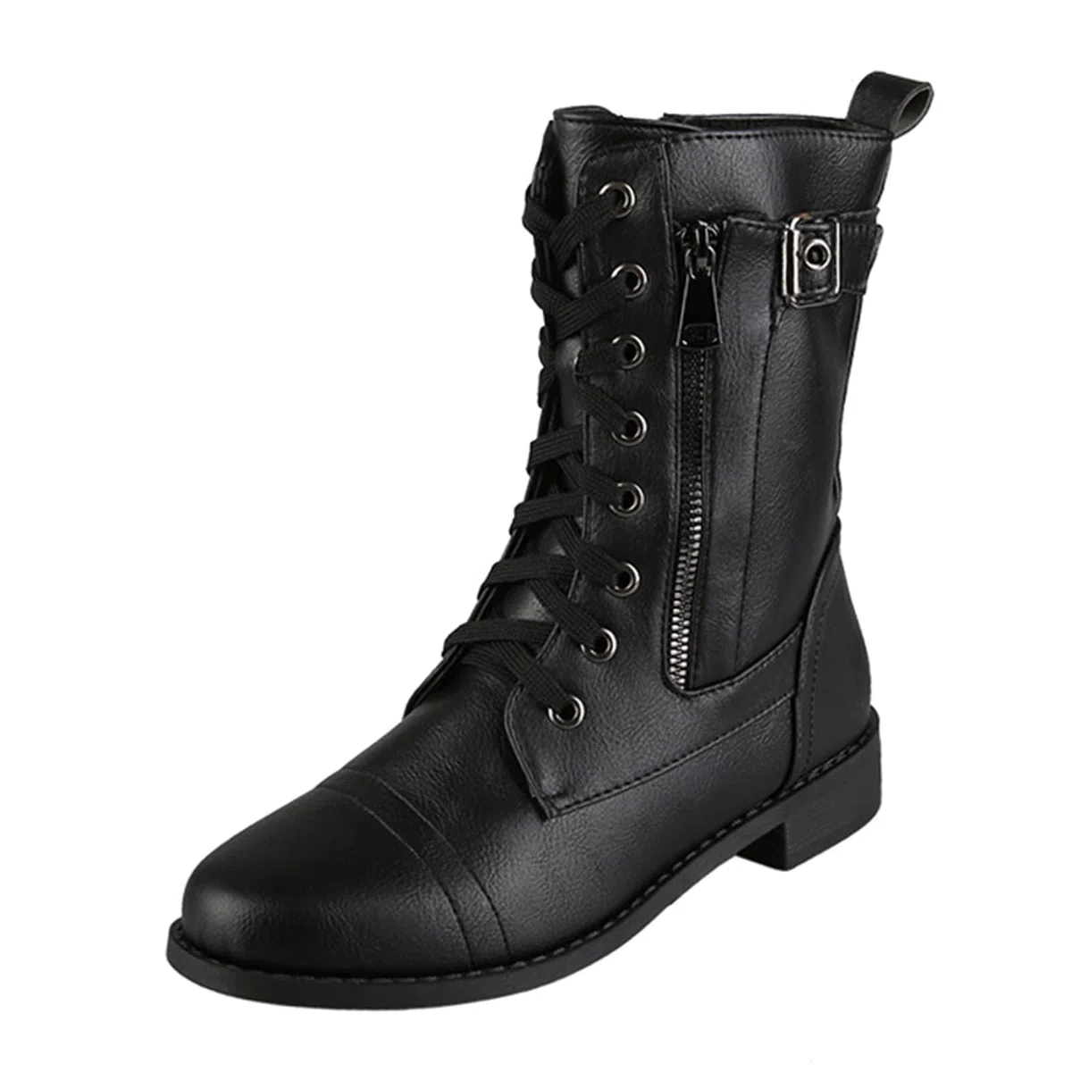 Bottes pour femme - Bottines plates à lacets avec fermeture éclair latérale - Grandes tailles - Bottes en cuir - Couleur unie - Bottes mi-hautes antidérapantes pour l'automne et l'hiver