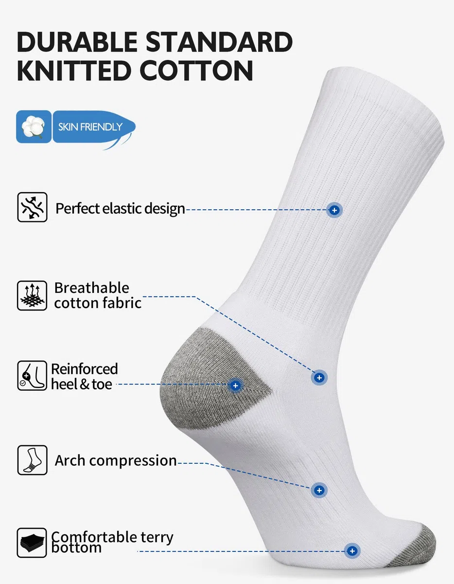 CLOSEMATE 6 Paires Chaussettes de Sport Homme 39-42 43-46 en Coton Respirantes Renforcées Confortables pour Running Tennis Randonnée Cyclisme en Blanc Noir Gris