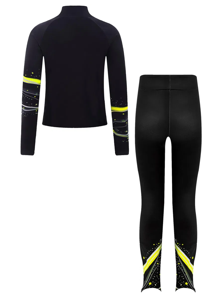 ranrann Ensemble Patinage Artistique Fille Veste Chaud Polaire avec Pantalon Collant Legging Tenue Patinage sur Glace Sport A Jaune fluo 9-10 ans