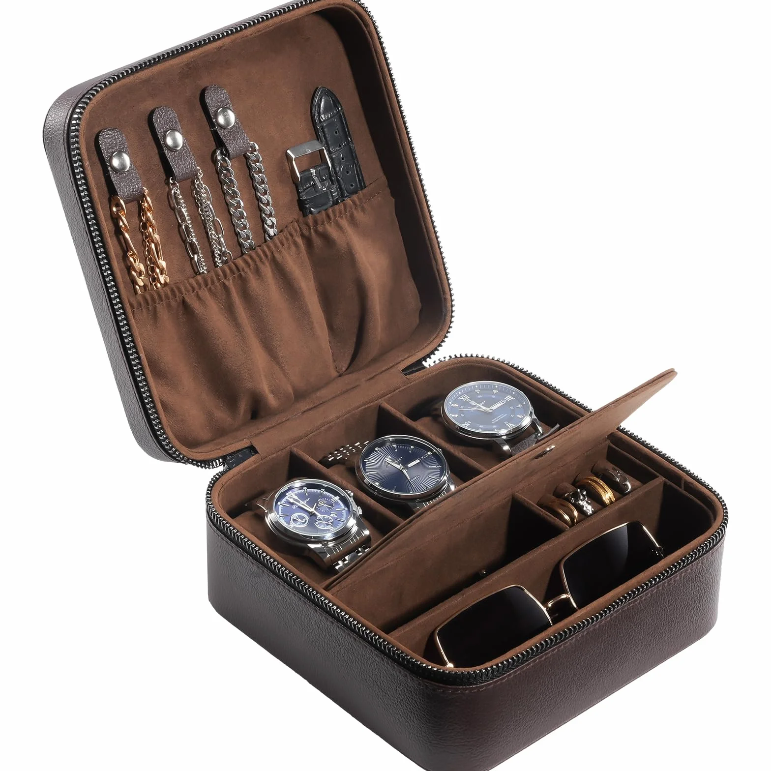 ProCase Boite Montre Voyage, Rangement Bijoux Portable Homme, avec 3 Emplacements Coussin Montre -Marron