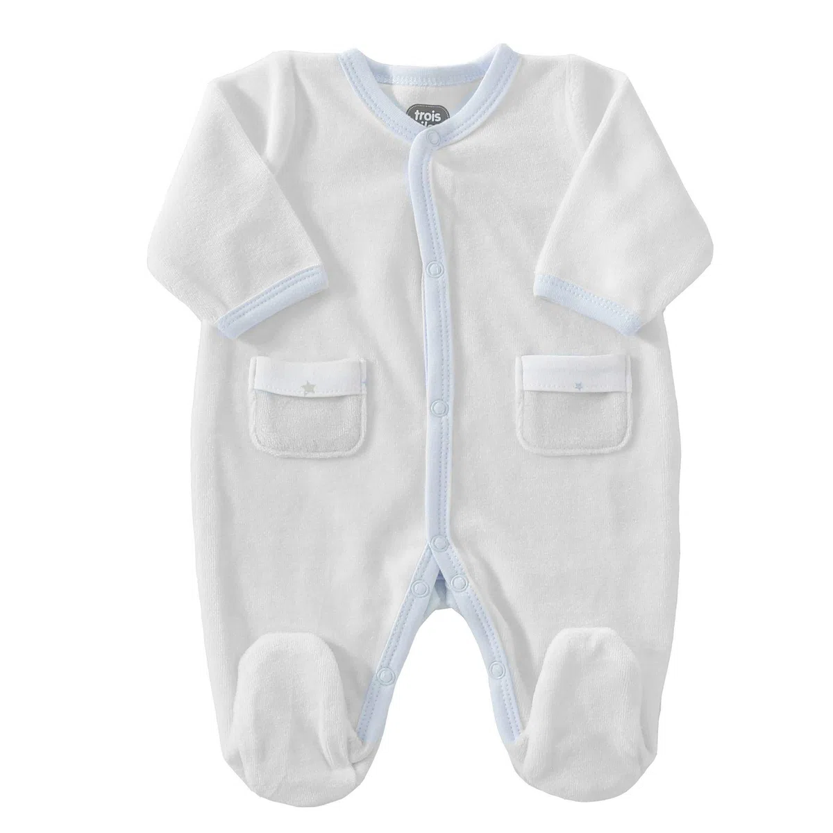 TROIS KILOS SEPT - Kit Naissance 6 Pièces - 1 mois - Velours Blanc - Motif Lune - (Pyjama, Body, Bonnet, Moufles, Chaussons et Pochon de Rangement) - Cadeau Bébé Mixte Garçon et Fille