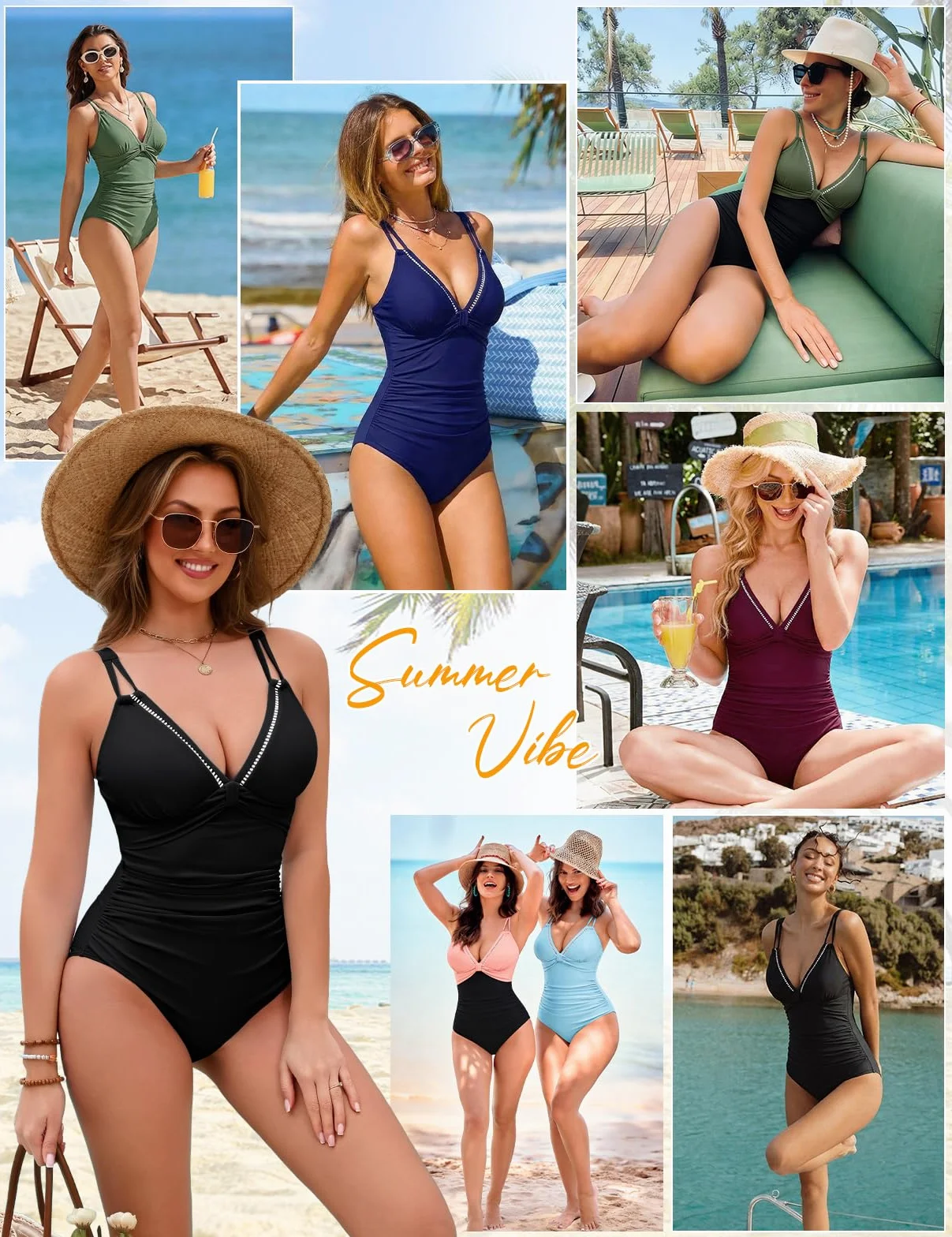 Nadeer Maillot de Bain Femme 1 Pieces Gainant Sexy Col en V Double Bandoulière Amincissant Bloc de Couleur Maillots Une Pièce de Plage et Piscine