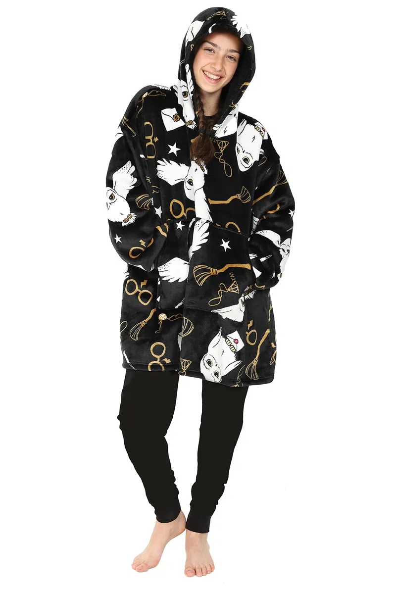 Harry Potter Hedwig Sweat à capuche noir pour fille, Couverture polaire surdimensionnée à capuche
