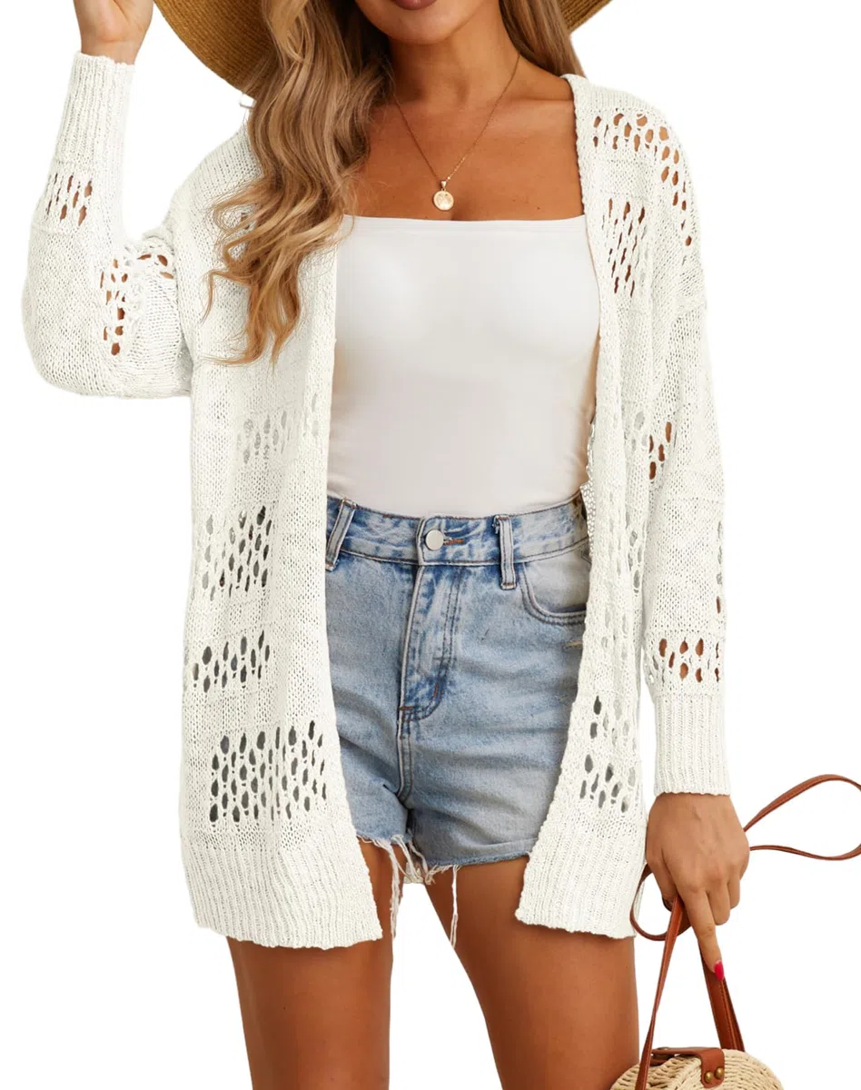 GRECERELLE Cardigan en crochet pour femme - Cache-maillot de plage léger creux ouvert sur le devant - Protection solaire