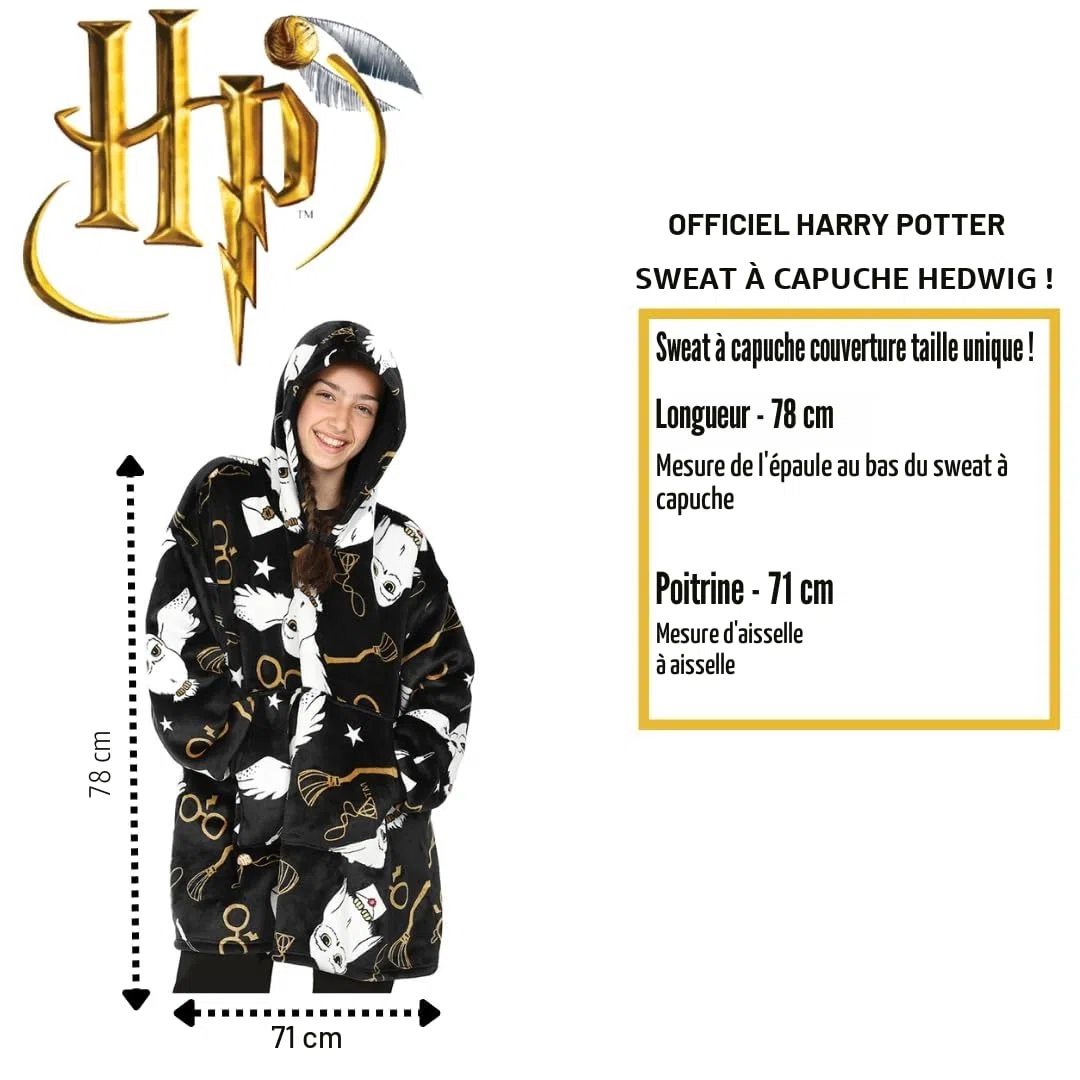 Harry Potter Hedwig Sweat à capuche noir pour fille, Couverture polaire surdimensionnée à capuche