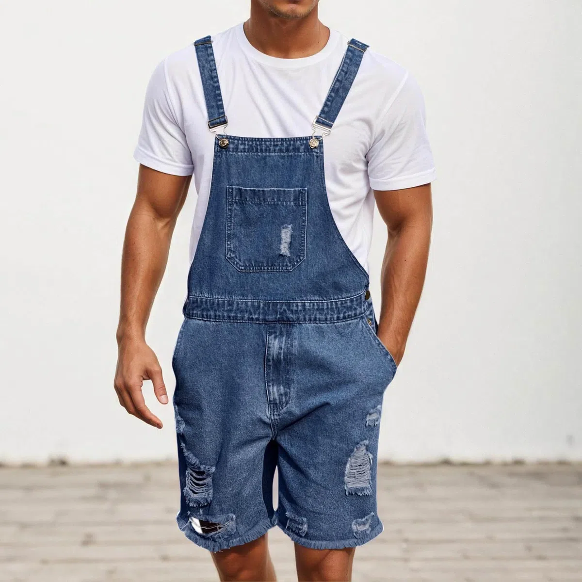 Combinaison courte à bretelles pour homme - Décontractée - Confortable - Légère - Vintage - Salopette élégante avec poches - Trou déchiré - Jean court - Mode classique