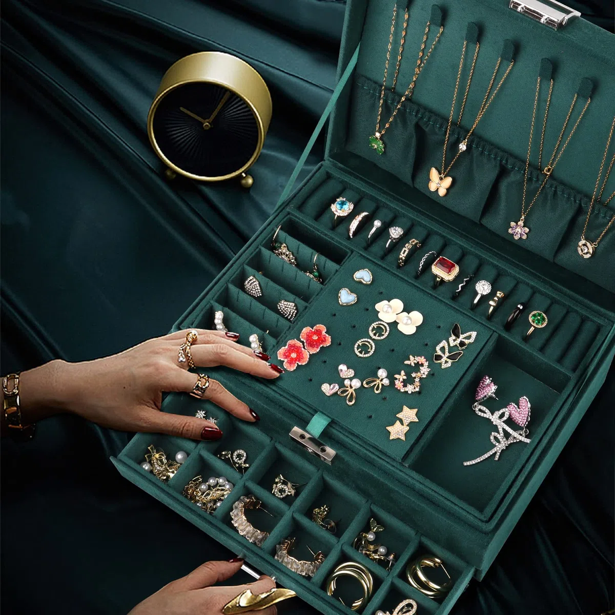 talifoca Boite a Bijoux Femme Fille, Boîte à Bijoux Velours Trois Couche Verrouillable Grande Capacité Boite de Rangement Bijoux pour Colliers, Boucles d'oreilles, Bracelets