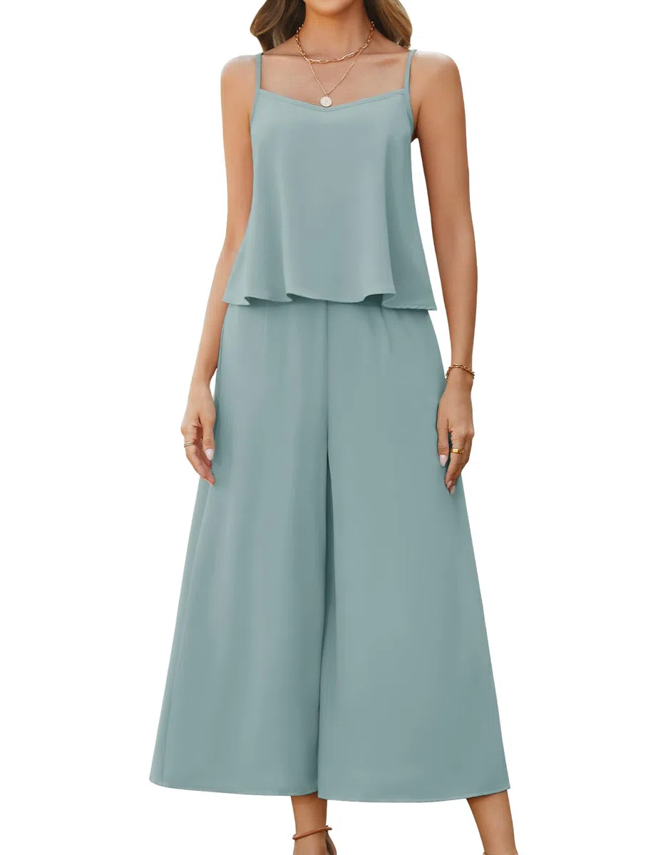 Ensemble Femme Été 2 Pieces Tops sans Manches et Taille Haute Pantalons Fluide Décontracté Jambe Large avec Poches Chic et Elegant Outfit Loungewear Set