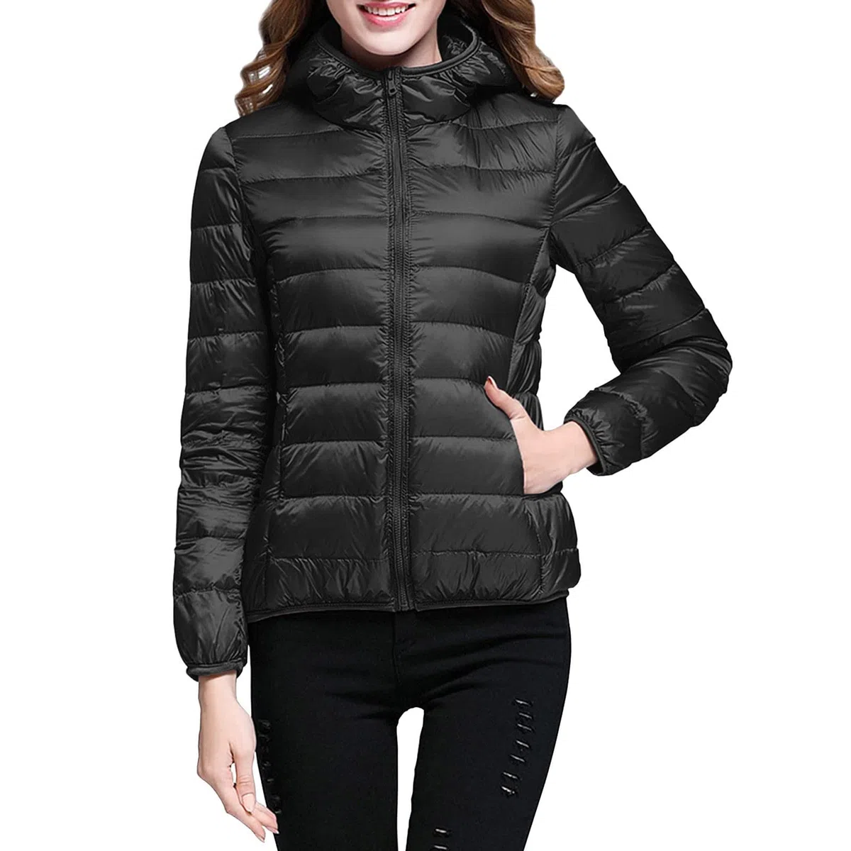 Femme Doudoune Ultra Légère Veste Hiver Chaude Compressible Pliable Manteau Duvet Courte à Capuche Matelassé Col Montant Manches Longues Décontracté Automne Extérieur Jacket Blouson Randonnée