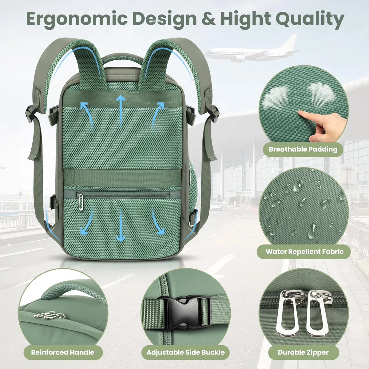 OTAHGK Bagage Cabine 40 x 30 x 20 pour Ryanair, Sac à Dos de Voyage Bagage à Main Avion Sac à Main sous Le Siège Valise Décontracté École Bureau Sac Ordinateur Portable -Vert