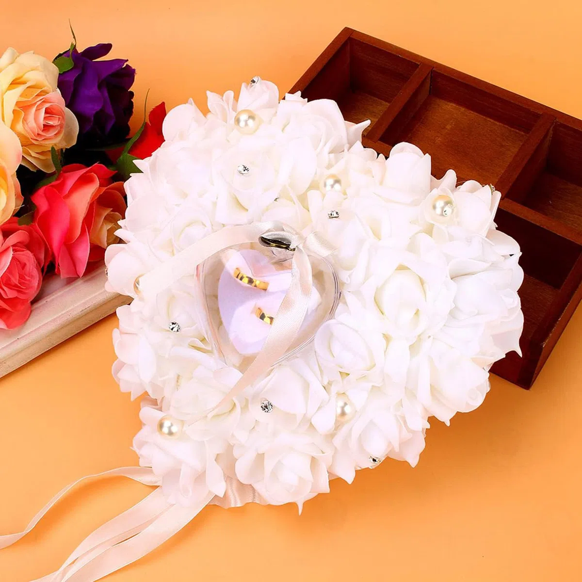HERCHR Coussin d'alliances, 19x18,5cm/7,5x7,3 Pouces boîte à Fleurs en Dentelle Romantique en Forme de cœur avec Rose étui léger pour alliances de mariée pour cérémonie de Mariage d'anniversaire