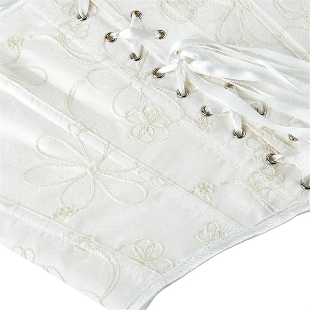 DISSA Corset Bustier à Laçage Frontal et Armature | Motif floral brodé, bretelles larges à nœuds, laçage frontal, armatures verticales, fermeture crochet