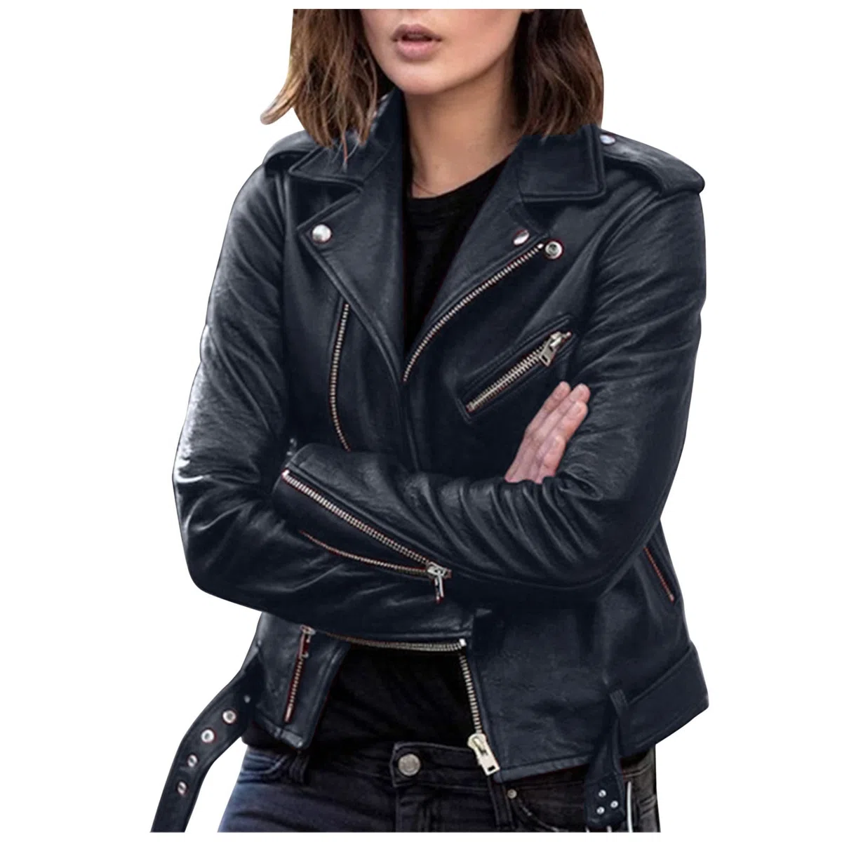 Veste de moto en cuir synthétique pour femme - Grande taille - Manteau court léger en similicuir végétalien - Tendance - Coupe ajustée - Avec poches zippées