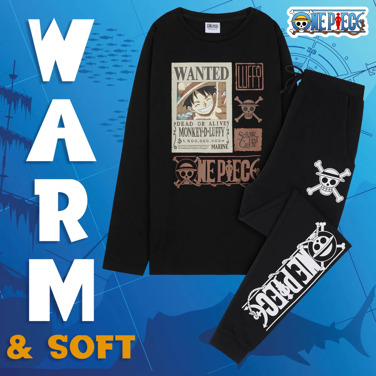 One Piece Ensembles de Pyjama Garçon, Pyjama Enfant Garcon Hiver Chaud Cadeau Anime Manga Enfant Ado 7-14 Ans