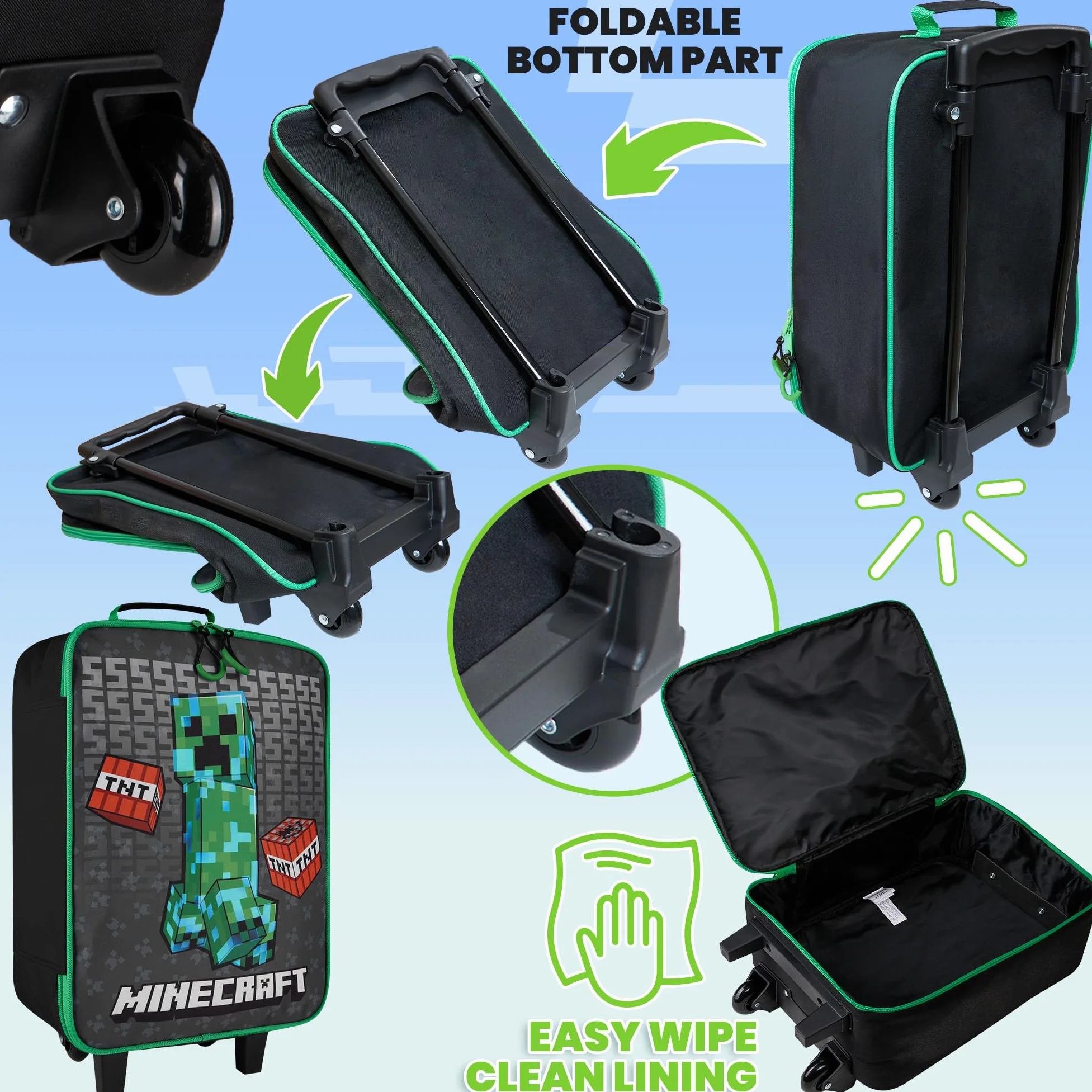Minecraft Valise Enfant Garcon Sac Trolley Creeper Valise Pliable avec Roulette Bagages Enfant pour Voyage Vacances École, 40x30x14cm, 15L (S, L46cm x W30cm - 17L, Noir)